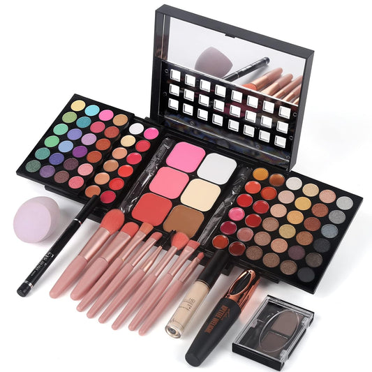 Full Makeup Kit with Applicator - 78 Color Cosmetic Gift Set Include Eyeshadow/Lipstick/Blush/Contour/Concealer, Mascara, Lip Liner, Eyeshadow Primer, Eyebrow Powder, Sponge and 8Pcs Makeup Brush