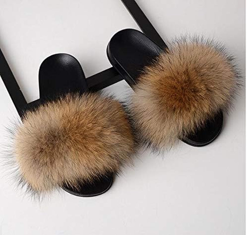 Fur Slippers Slides for Women Open Toe Fuzzy Fur Slippers Girls Fluffy House Slides Outdoor Indoor