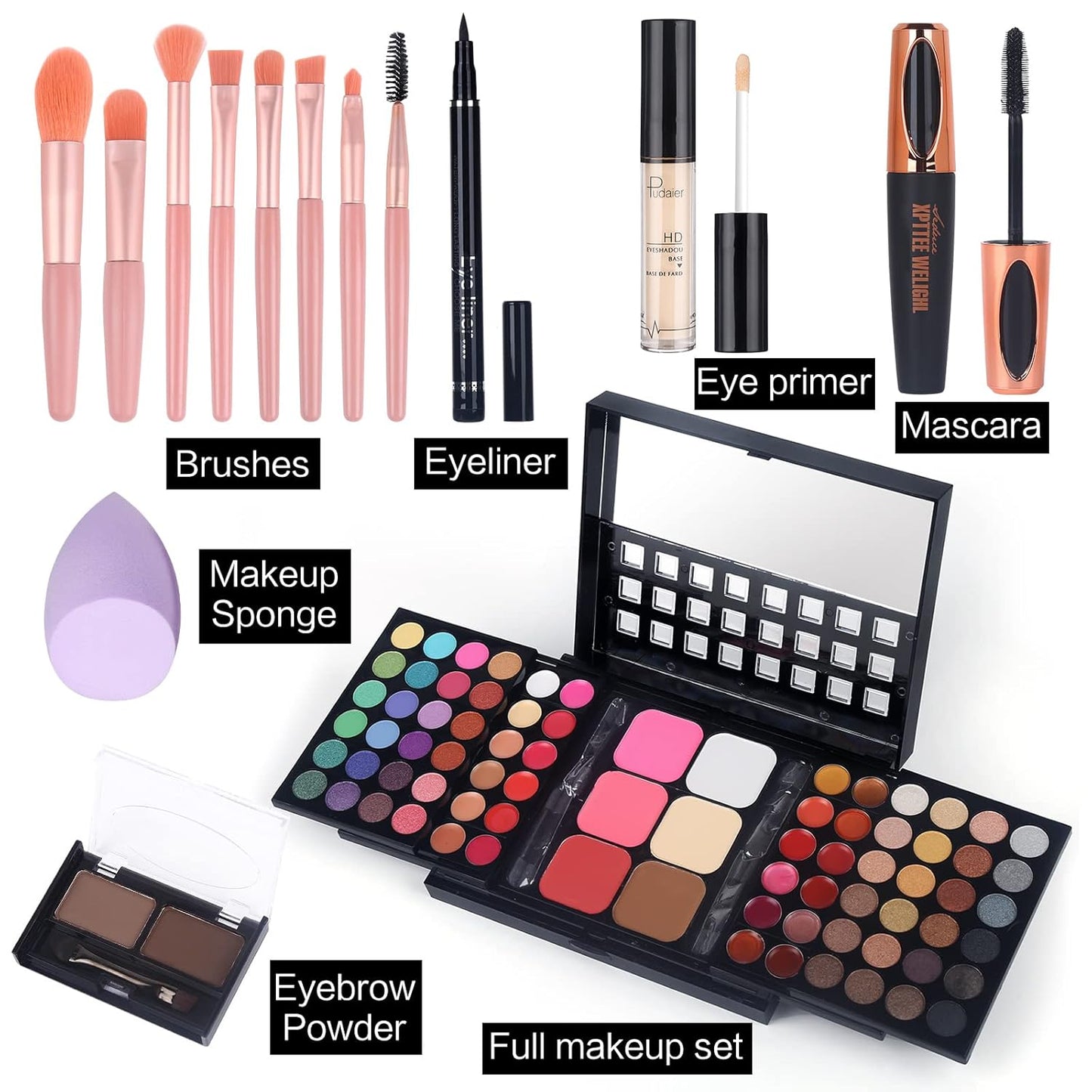 Full Makeup Kit with Applicator - 78 Color Cosmetic Gift Set Include Eyeshadow/Lipstick/Blush/Contour/Concealer, Mascara, Lip Liner, Eyeshadow Primer, Eyebrow Powder, Sponge and 8Pcs Makeup Brush