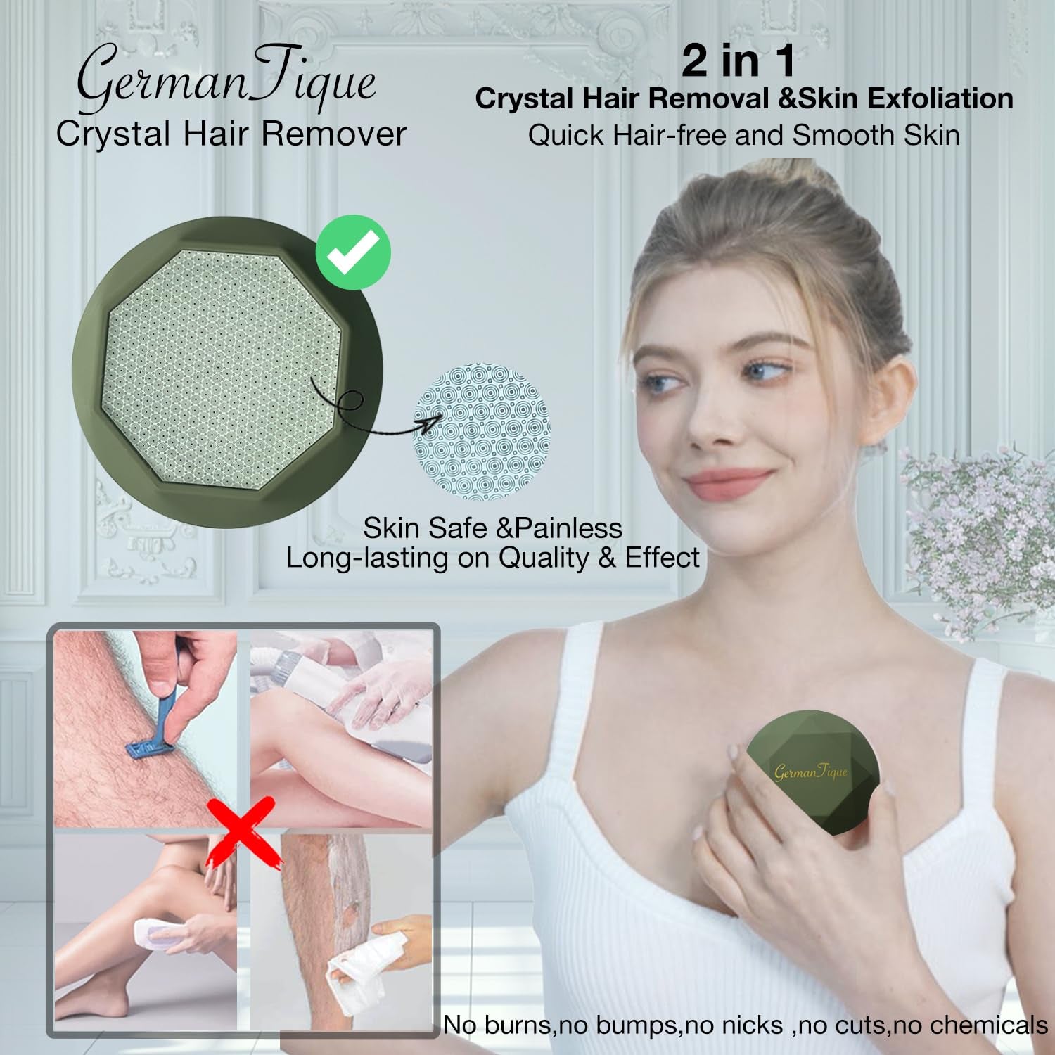 Crystal Hair Eraser,Upgraded Crystal Hair Remover Diamond,Painless and Effective Nano Glass Hair Removal Stone and Skin Exfoliation,Natural Epilator for Women and Men(Olive Green)