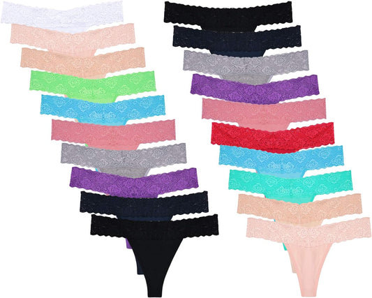 20 Pack Womens Lace Thongs Underwear Seamless T Back Low Waist See through Panties