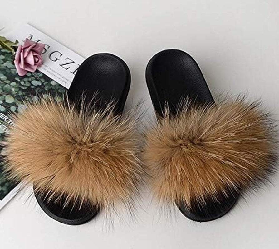 Fur Slippers Slides for Women Open Toe Fuzzy Fur Slippers Girls Fluffy House Slides Outdoor Indoor